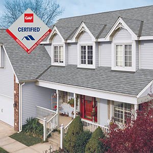 GAF Asphalt Roofing - click to view GAF available shingles and warranties - house with gray GAF timberline shingles with GAF certified residential roofing contractor logo in corner