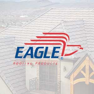 Eagle Tile Roofing - click to view Eagle available tiles and warranties - Eagle logo with tiled house behind a transparent white background