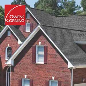 Owens Corning Asphalt Roofing - click to view Owens Corning available shingles and warranties - house with gray shingles on its roof with Owens Corning logo on the top left