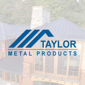 Taylor Metal Roofing - click to view Taylor Metal available styles and warranties - Taylor Metal logo and a house with metal sheets behind a transparent white background