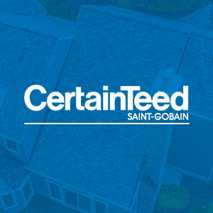 CertainTeed Asphalt Roofing - click to view CertainTeed available shingles and warranties - CertainTeed logo with a house behind a transparent blue background