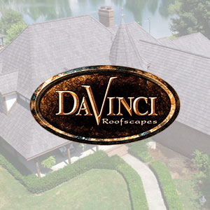 DaVinci Tile Roofing - click to view DaVinci available tiles and warranties - DaVinci logo with tiled house behind a transparent white background